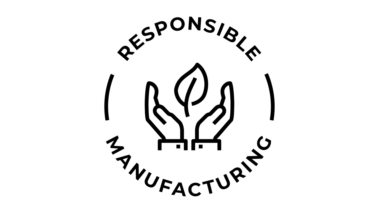 Rundes Icon in schwarz auf weiß für responsible manufacturing mit Händen und Blatt