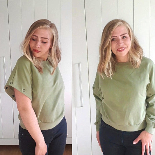 Blonde Frau vor hellem Hintergrund mit sagefarbenem Sweatshirt zwei mal zu sehen, davon einmal mit Ärmeln und einmal ohne Ärmel