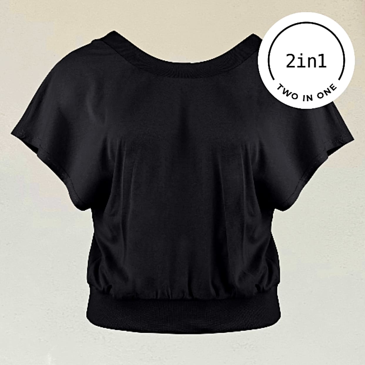Schwarzes cropped T-Shirt mit Rundhals-Ausschnitt vor beigem Hintergrund mit weißem rundem 2IN1-Icon