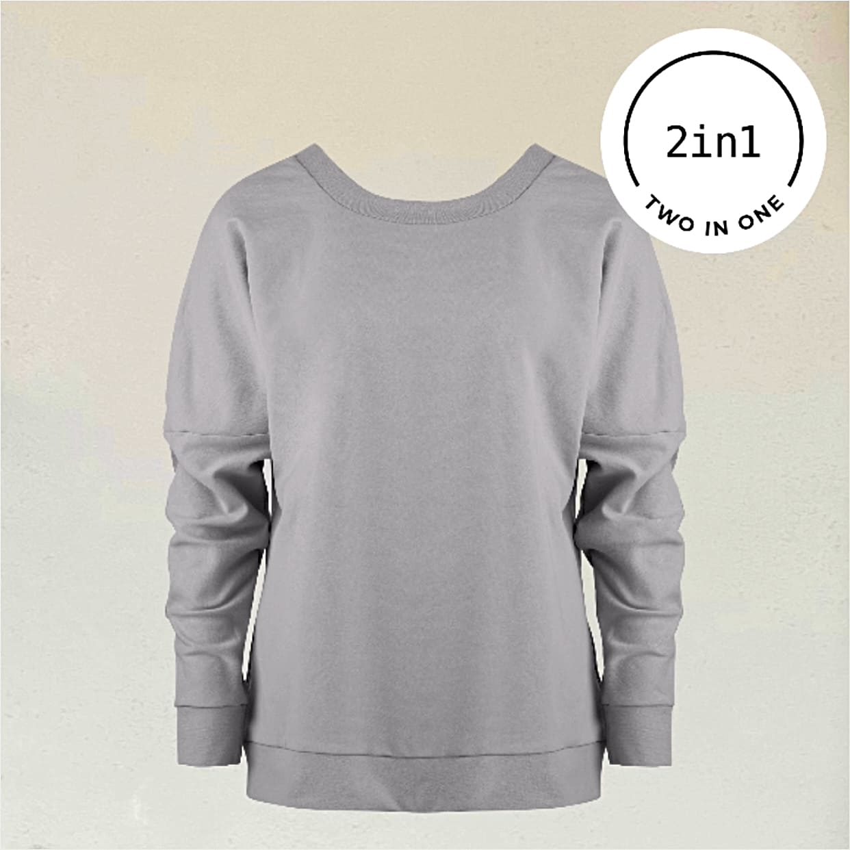 Graues Sweatshirt mit Rundhals-Ausschnitt vor beigem Hintergrund mit weißem, rundem 2IN1-Icon