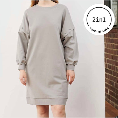 Graues 2IN1-Sweat-Dress an Frauenkörper mit weißem, rundem 2IN1-Icon