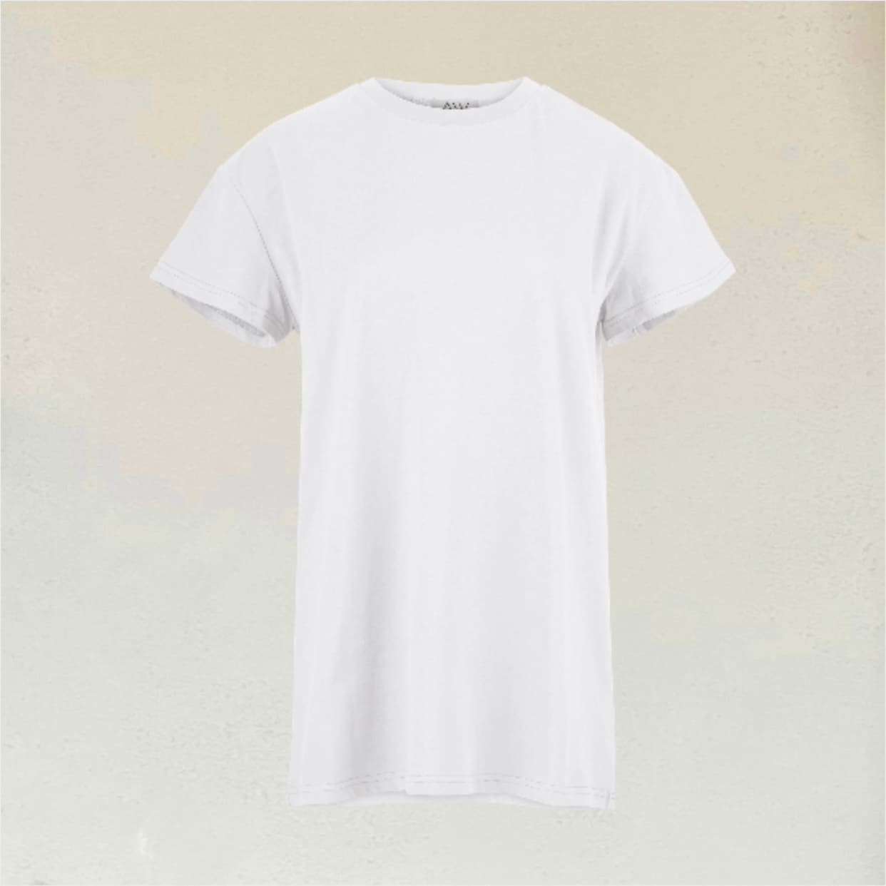White T-Shirt in front of beige background