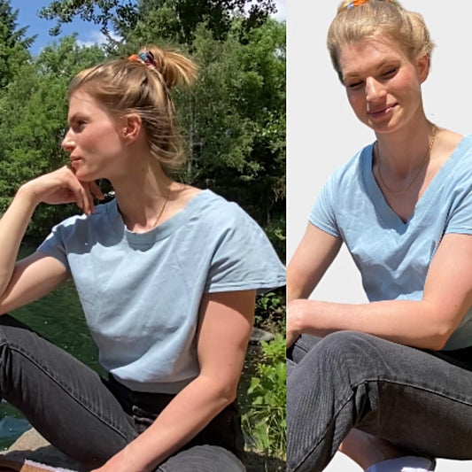 Frau mit hellblauem Top sitzt an Waldsee und die selbe Frau mit hellblauem Top sitzt vor hellem Hintergrund