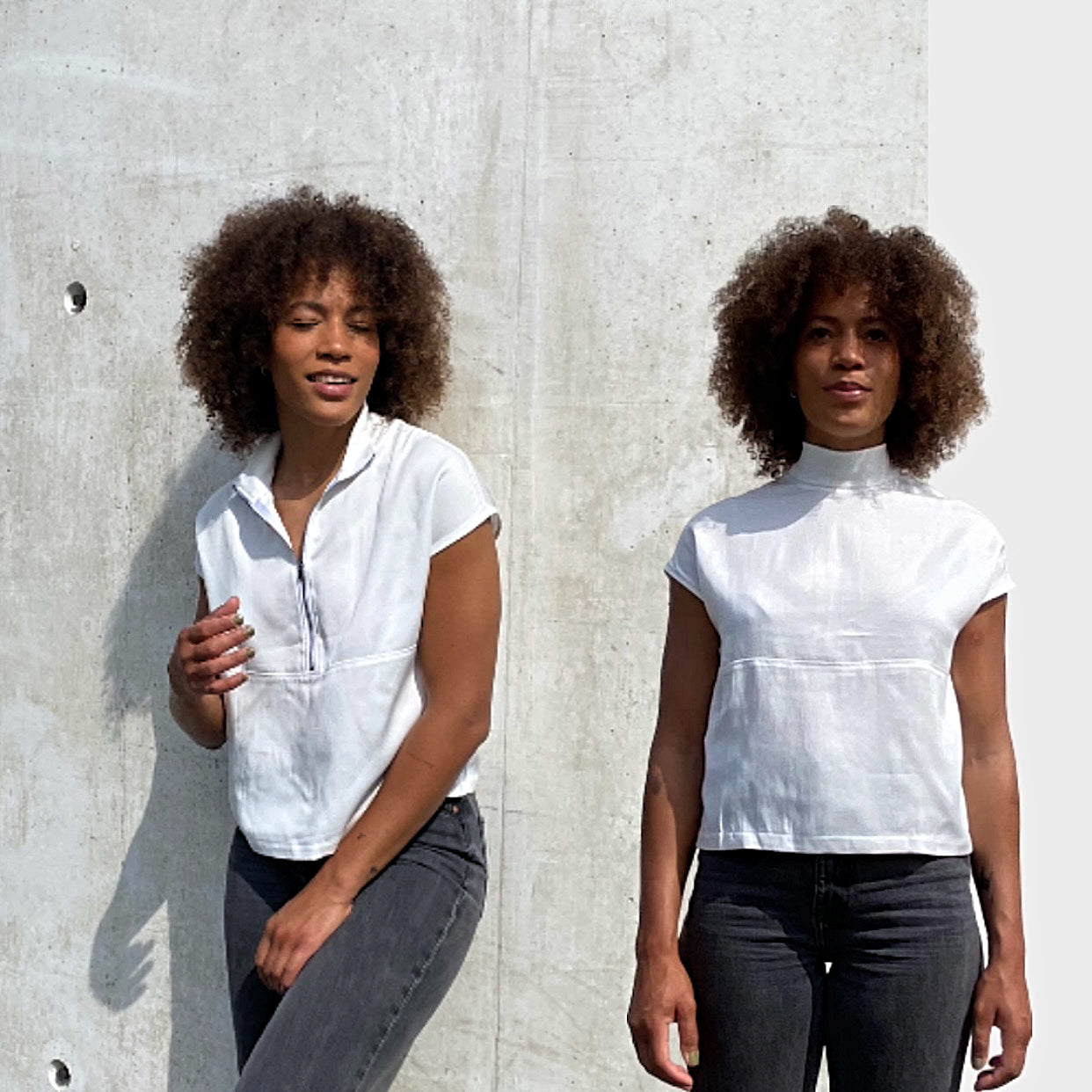 2 Bilder von einer Frau mit weißer Bluse mit Reißverschluss und weißer Bluse mit Stehkragen vor grauer Betonwand stehend