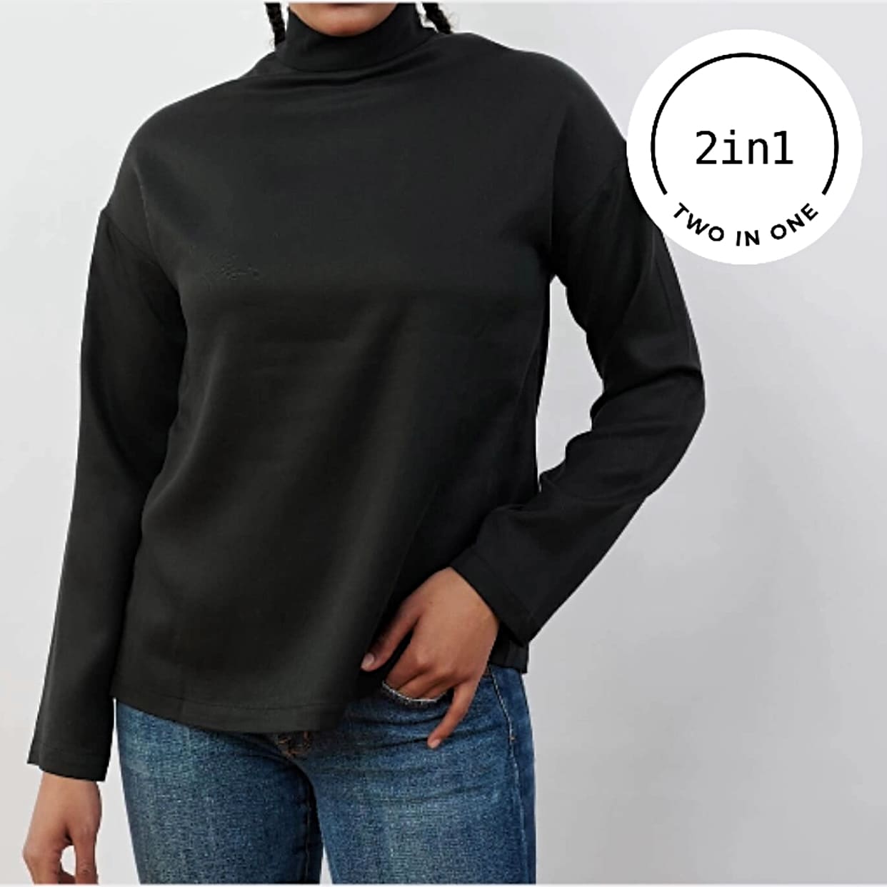 Schwarze Stehkragen 2IN1-Bluse an Frauenkörper mit weißem rundem 2IN1-Icon