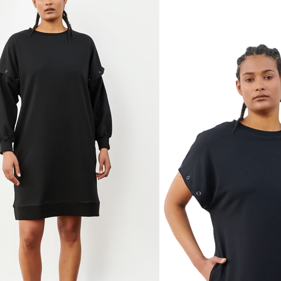 Bild zeigt dieselbe Frau  zwei mal vor heller Wand stehend  - einmal mit schwarzem Sweatkleid und einmal mit schwarzem Sweatkleid ohne Ärmel